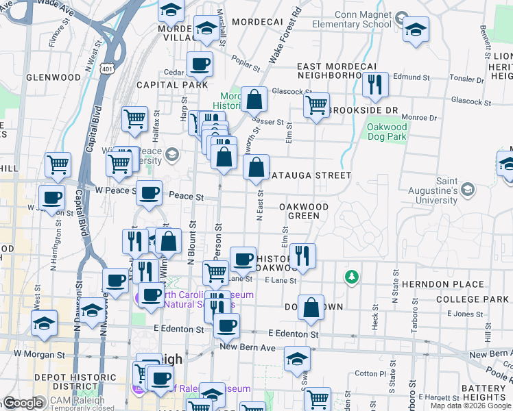 map of restaurants, bars, coffee shops, grocery stores, and more near 526 North East Street in Raleigh