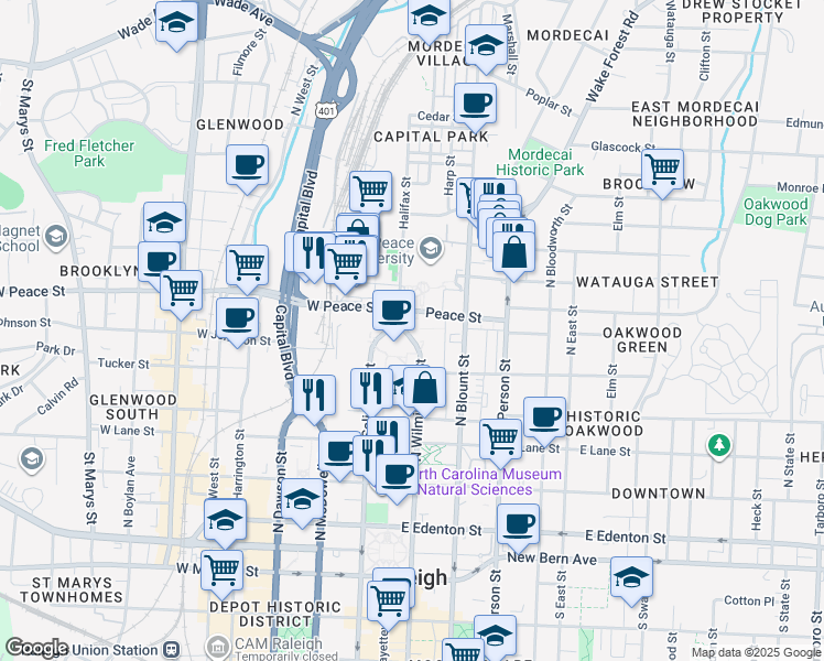 map of restaurants, bars, coffee shops, grocery stores, and more near 510 North Wilmington Street in Raleigh