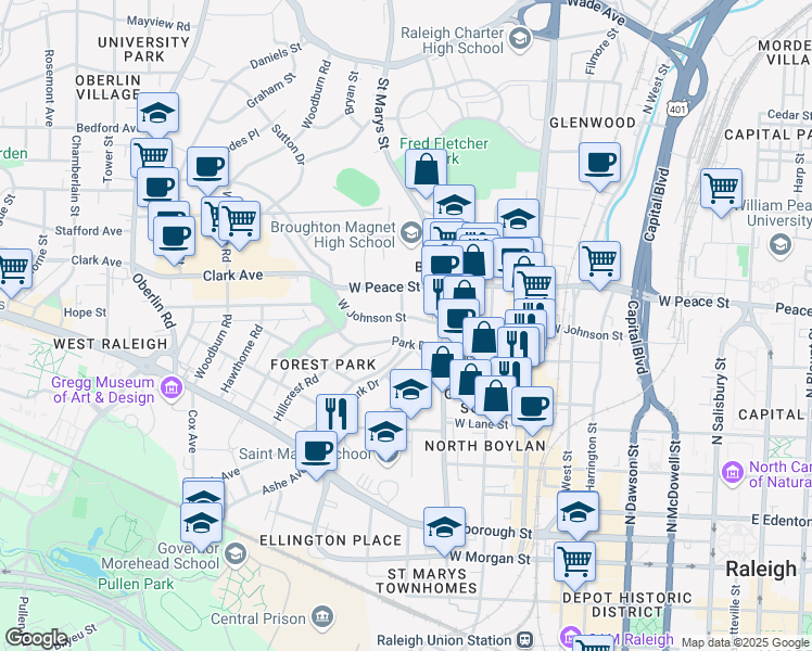 map of restaurants, bars, coffee shops, grocery stores, and more near 1400 Park Drive in Raleigh