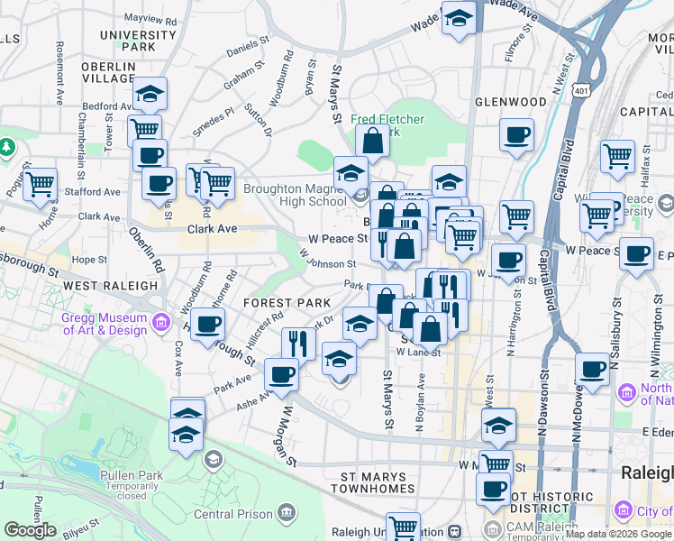 map of restaurants, bars, coffee shops, grocery stores, and more near 1400 Park Drive in Raleigh