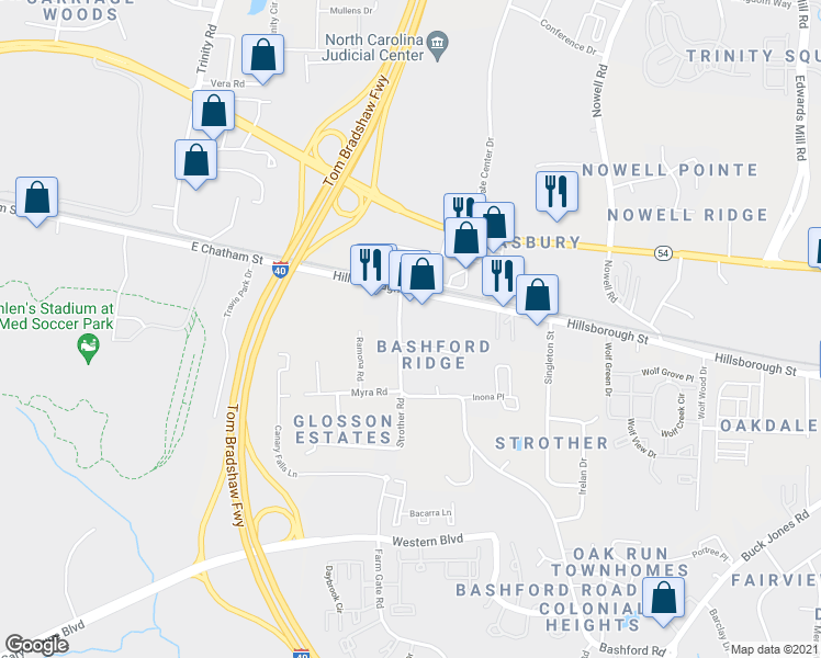map of restaurants, bars, coffee shops, grocery stores, and more near 25 Bashford Road in Raleigh