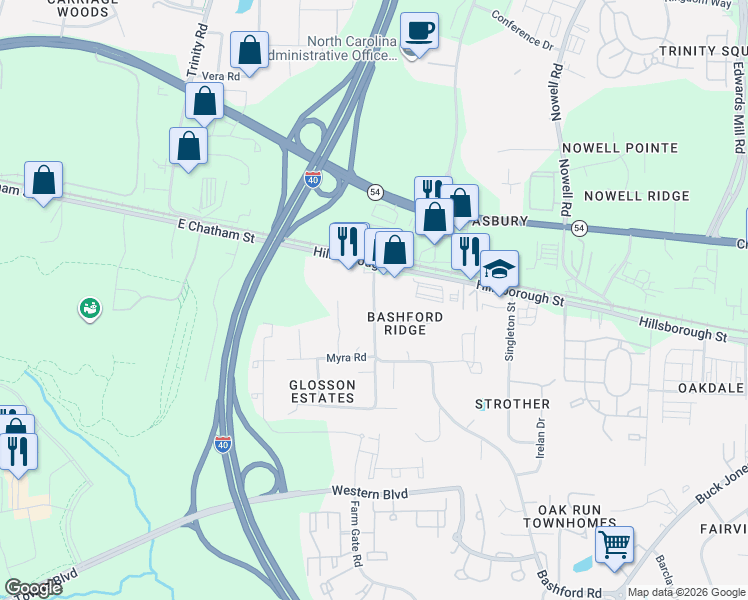 map of restaurants, bars, coffee shops, grocery stores, and more near 25 Bashford Road in Raleigh