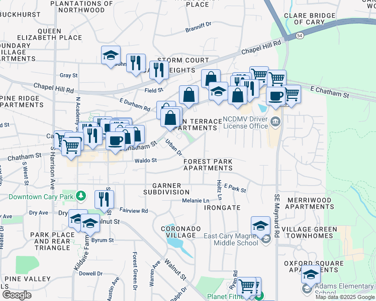map of restaurants, bars, coffee shops, grocery stores, and more near 200 Urban Drive in Cary