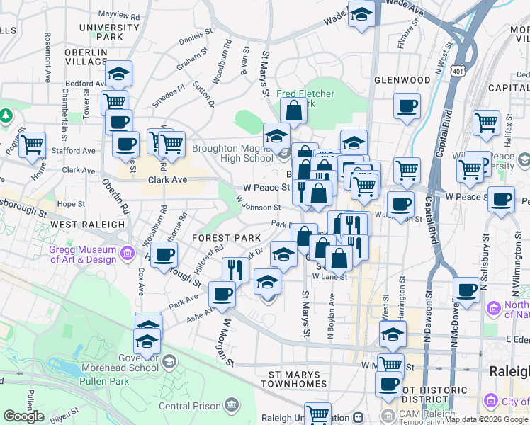 map of restaurants, bars, coffee shops, grocery stores, and more near 1400 Park Drive in Raleigh