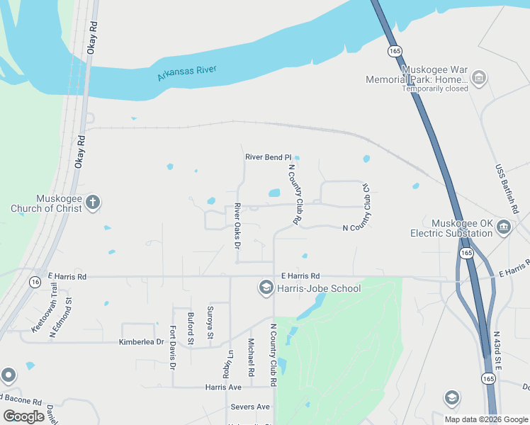 map of restaurants, bars, coffee shops, grocery stores, and more near 3423 River Bend Road in Muskogee