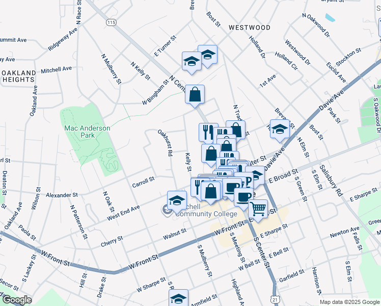 map of restaurants, bars, coffee shops, grocery stores, and more near 292 Kelly Street in Statesville