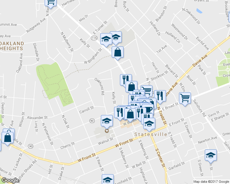 map of restaurants, bars, coffee shops, grocery stores, and more near 292 Kelly Street in Statesville