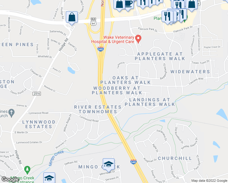 map of restaurants, bars, coffee shops, grocery stores, and more near 1006 Acorn Court in Knightdale
