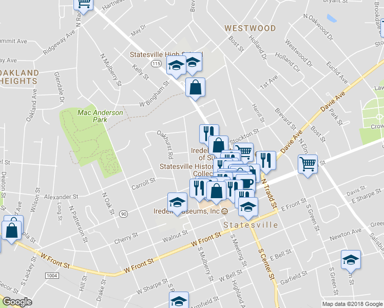 map of restaurants, bars, coffee shops, grocery stores, and more near 290 Kelly Street in Statesville