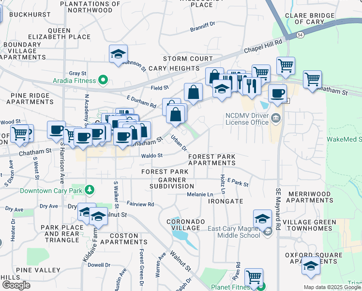 map of restaurants, bars, coffee shops, grocery stores, and more near 120 Urban Drive in Cary