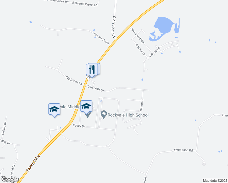 map of restaurants, bars, coffee shops, grocery stores, and more near 124 Clearidge Drive in Rockvale