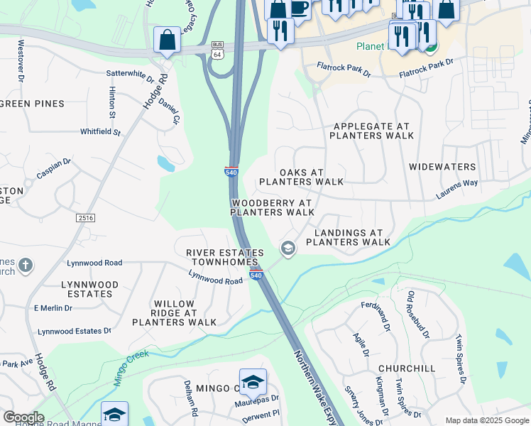map of restaurants, bars, coffee shops, grocery stores, and more near 1006 Acorn Court in Knightdale