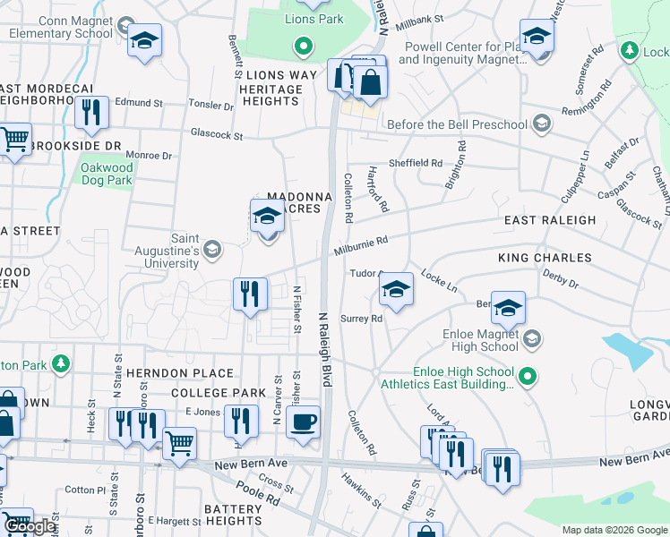 map of restaurants, bars, coffee shops, grocery stores, and more near 2030 Booker Drive in Raleigh