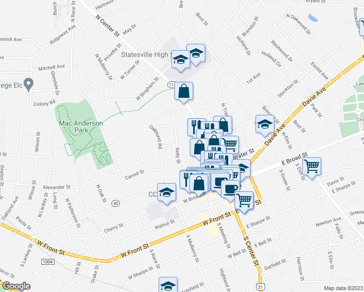 map of restaurants, bars, coffee shops, grocery stores, and more near 286 Kelly Street in Statesville