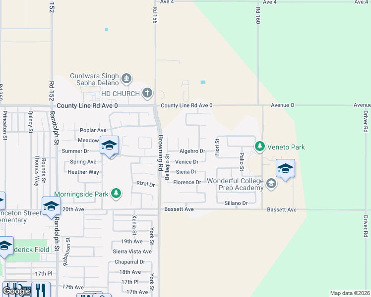 map of restaurants, bars, coffee shops, grocery stores, and more near 2324 Algehro Drive in Delano