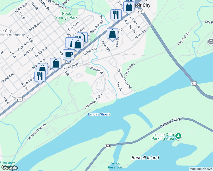 map of restaurants, bars, coffee shops, grocery stores, and more near 900 Nelson Street in Lenoir City