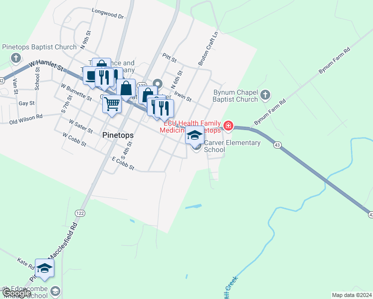 map of restaurants, bars, coffee shops, grocery stores, and more near East Burnette Street in Pinetops