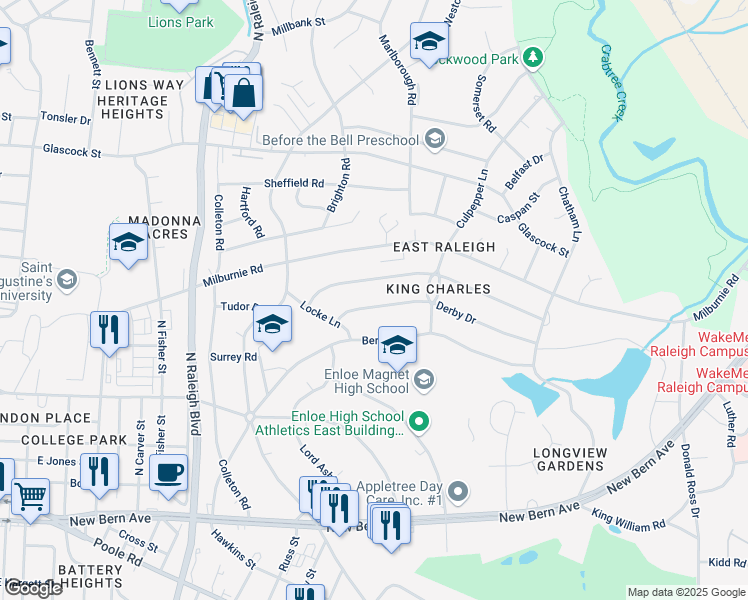 map of restaurants, bars, coffee shops, grocery stores, and more near 2320 Derby Drive in Raleigh