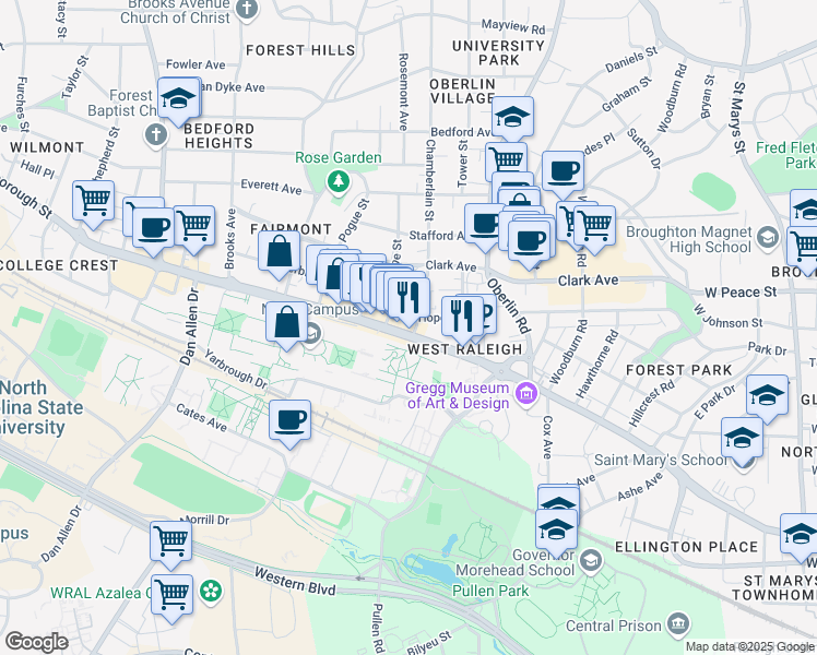 map of restaurants, bars, coffee shops, grocery stores, and more near 2221 Hillsborough Street in Raleigh