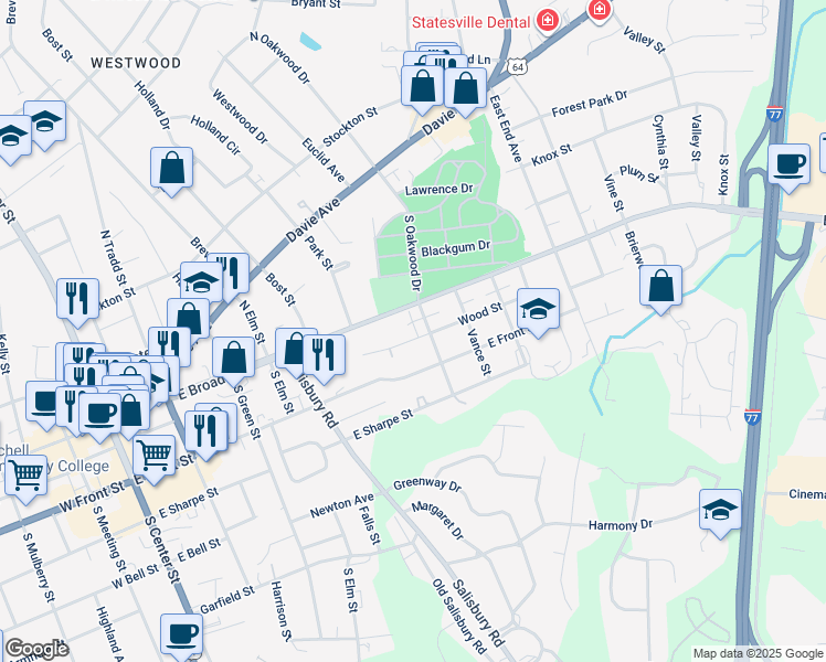 map of restaurants, bars, coffee shops, grocery stores, and more near 622 Wood Street in Statesville
