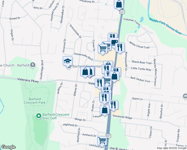 map of restaurants, bars, coffee shops, grocery stores, and more near 3098 Michalean Drive in Murfreesboro