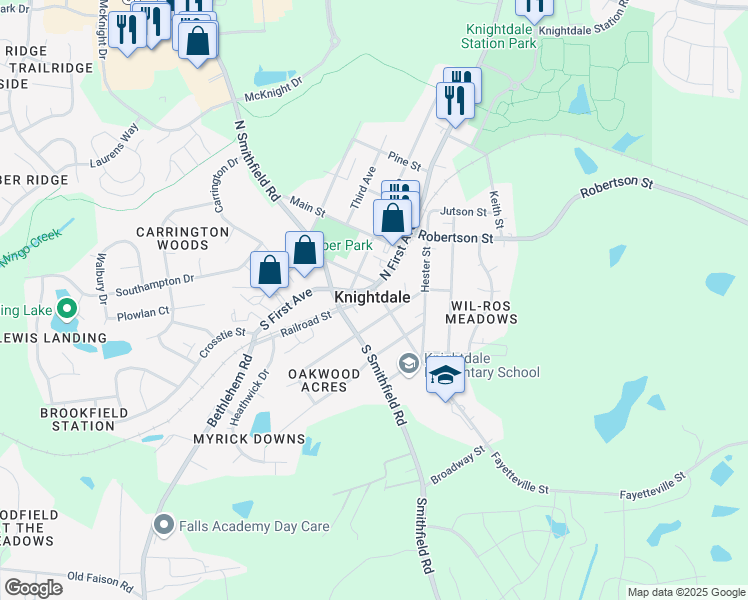map of restaurants, bars, coffee shops, grocery stores, and more near 101c Railroad Street in Knightdale