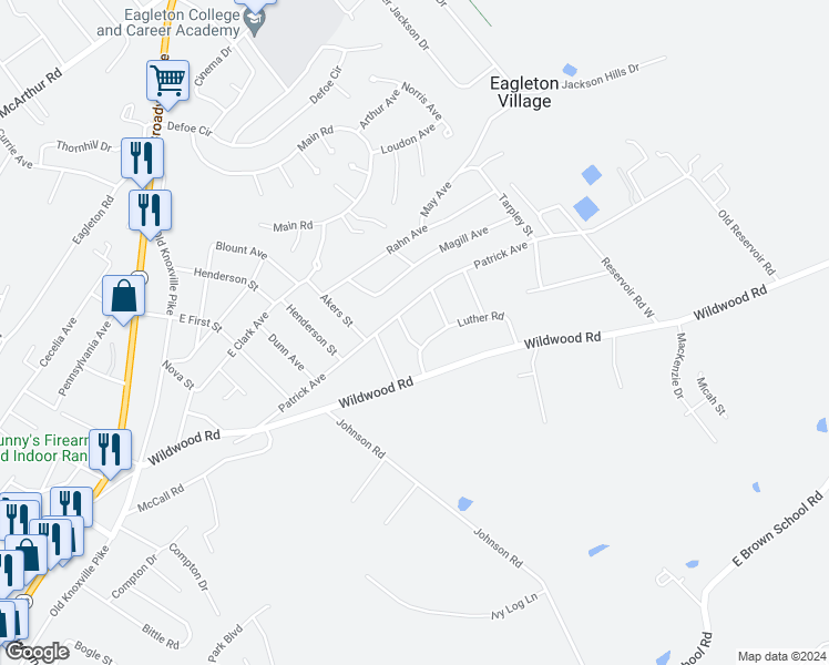 map of restaurants, bars, coffee shops, grocery stores, and more near 610 Sam Moses Lane in Maryville