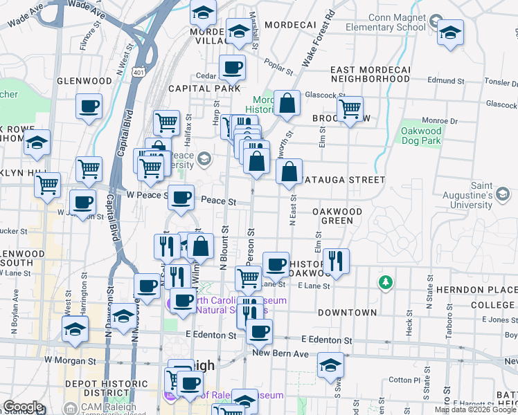 map of restaurants, bars, coffee shops, grocery stores, and more near 531 North Person Street in Raleigh