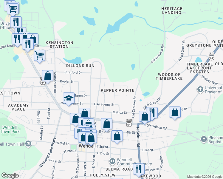map of restaurants, bars, coffee shops, grocery stores, and more near 501 Lemon Pepper Place in Wendell