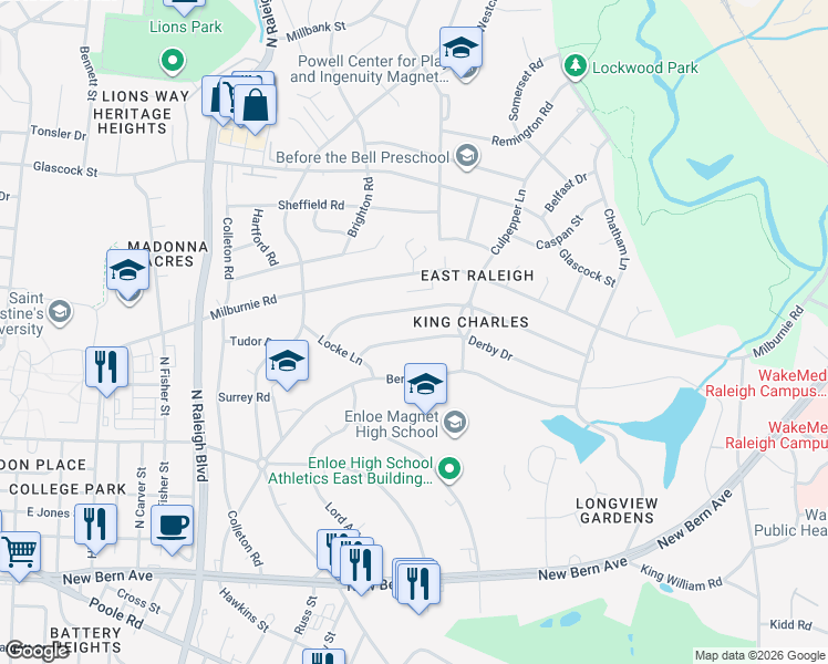 map of restaurants, bars, coffee shops, grocery stores, and more near 2344 Derby Drive in Raleigh