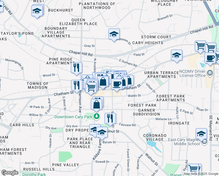map of restaurants, bars, coffee shops, grocery stores, and more near 127 Waldo Street in Cary