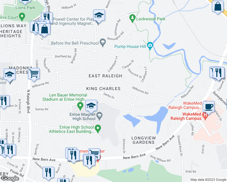 map of restaurants, bars, coffee shops, grocery stores, and more near 2422 Stevens Road in Raleigh