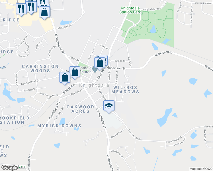 map of restaurants, bars, coffee shops, grocery stores, and more near 207 Hester Street in Knightdale