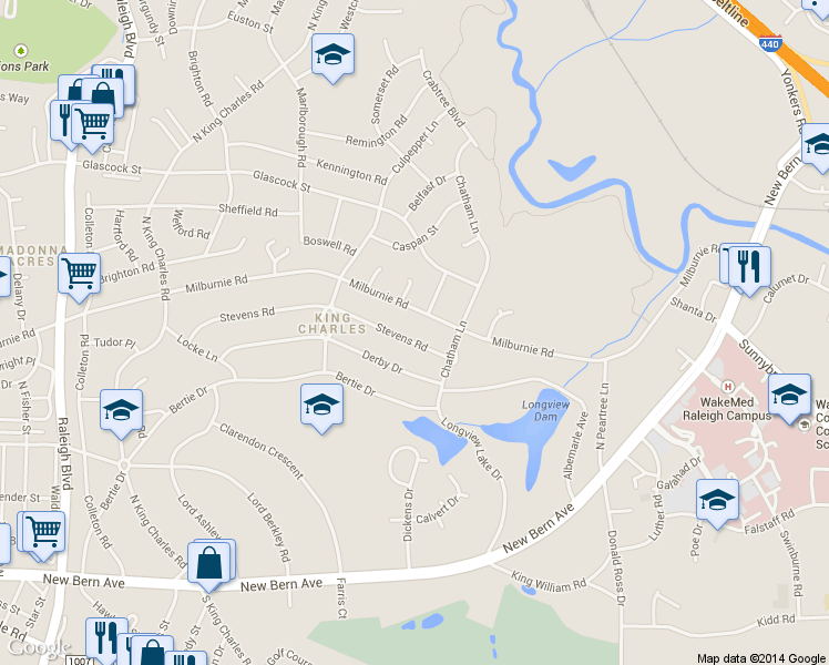 map of restaurants, bars, coffee shops, grocery stores, and more near 2454 Stevens Road in Raleigh