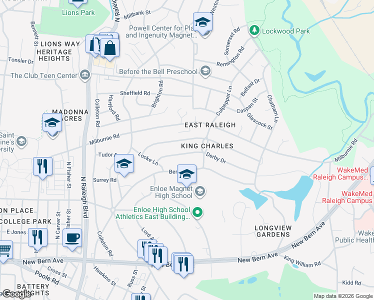 map of restaurants, bars, coffee shops, grocery stores, and more near 2344 Derby Drive in Raleigh