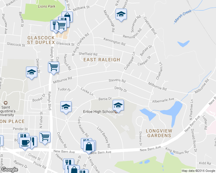 map of restaurants, bars, coffee shops, grocery stores, and more near 2344 Derby Drive in Raleigh
