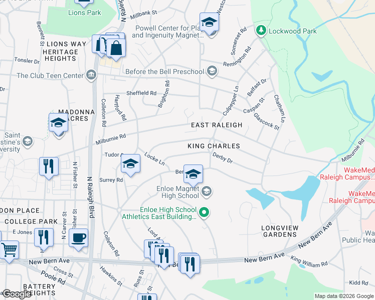 map of restaurants, bars, coffee shops, grocery stores, and more near 2344 Derby Drive in Raleigh