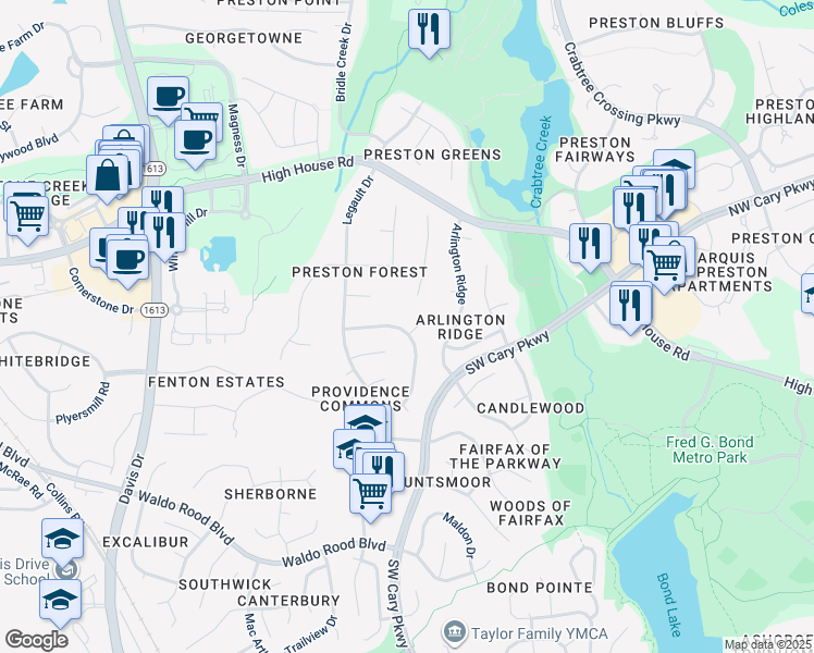 map of restaurants, bars, coffee shops, grocery stores, and more near 202 Stablegate Drive in Cary