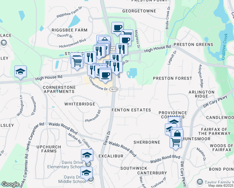 map of restaurants, bars, coffee shops, grocery stores, and more near 134 Walker Stone Drive in Cary