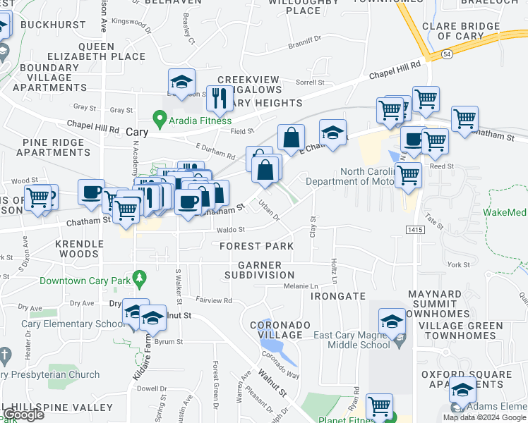 map of restaurants, bars, coffee shops, grocery stores, and more near 319 Waldo Street in Cary