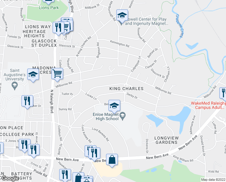 map of restaurants, bars, coffee shops, grocery stores, and more near 2339 Derby Drive in Raleigh