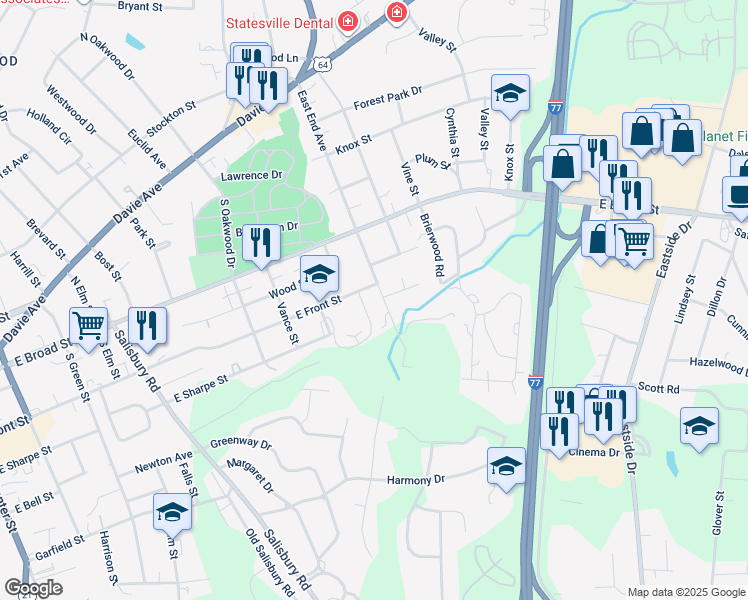 map of restaurants, bars, coffee shops, grocery stores, and more near 2325 Salisbury Road in Statesville