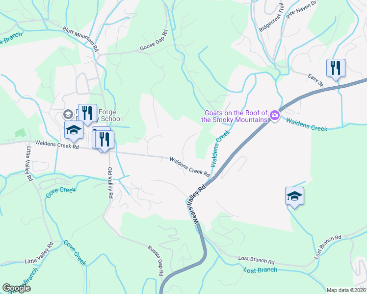 map of restaurants, bars, coffee shops, grocery stores, and more near Walker Way in Pigeon Forge