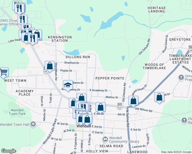 map of restaurants, bars, coffee shops, grocery stores, and more near 450 Chaplin Street in Wendell