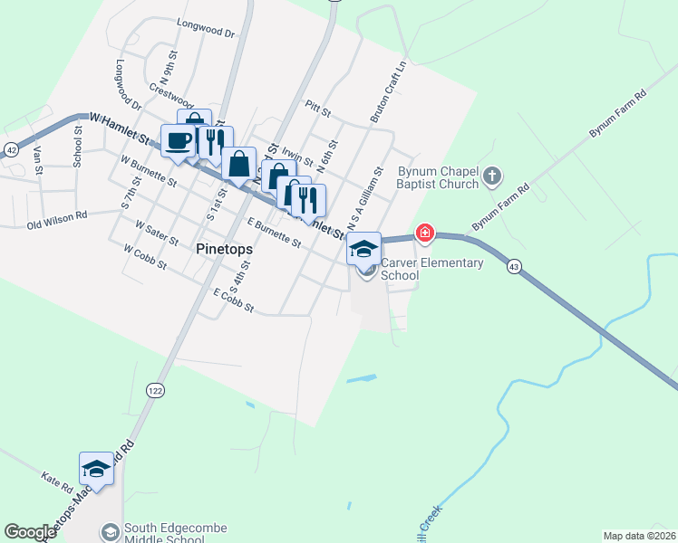 map of restaurants, bars, coffee shops, grocery stores, and more near 601-609 E Lashley St in Pinetops