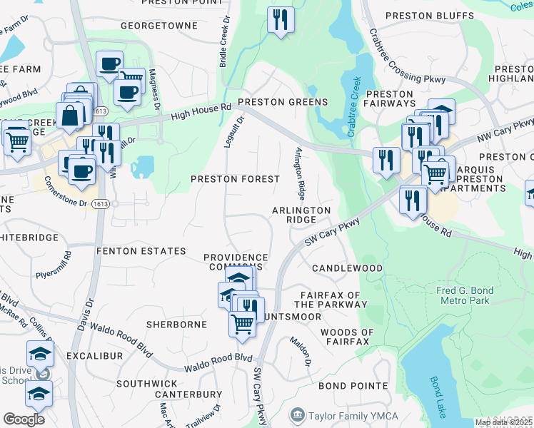 map of restaurants, bars, coffee shops, grocery stores, and more near 202 Stablegate Drive in Cary