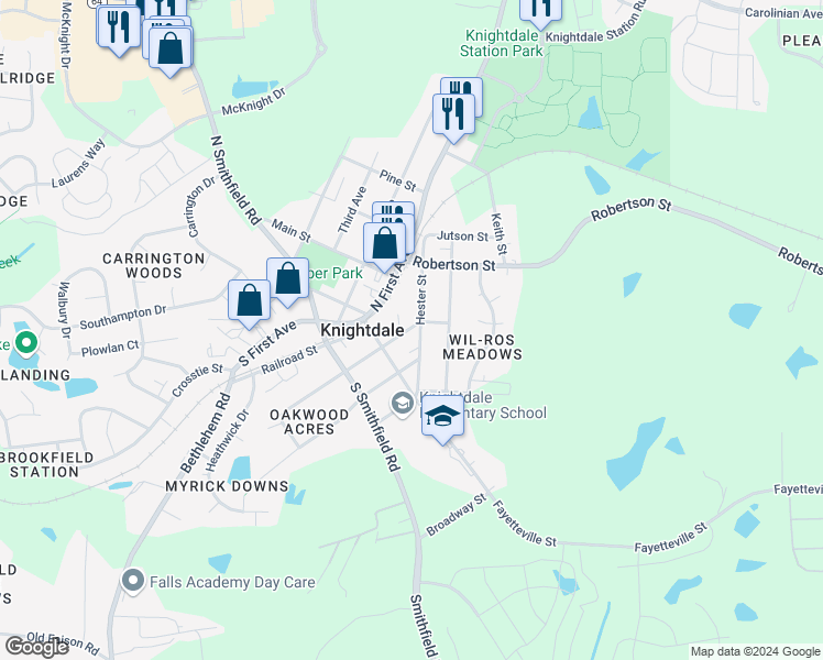 map of restaurants, bars, coffee shops, grocery stores, and more near 203 Hester Street in Knightdale