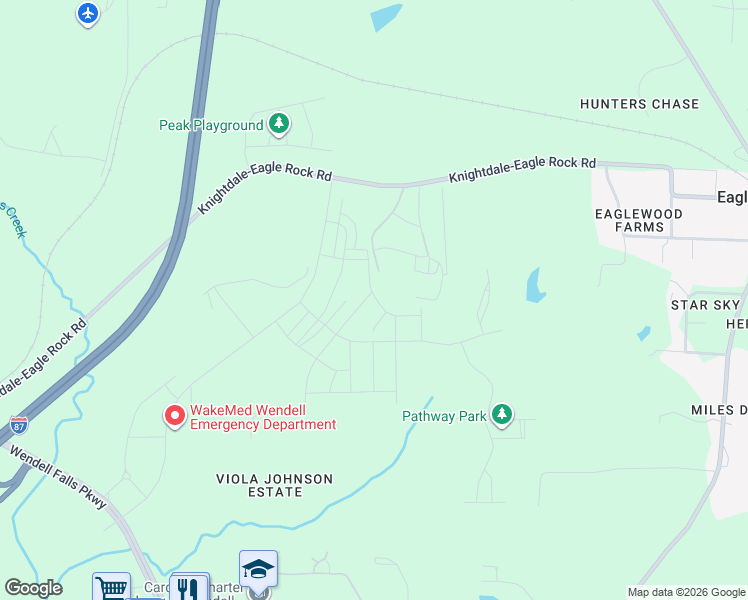 map of restaurants, bars, coffee shops, grocery stores, and more near 1105 Poinsettia Lane in Wendell