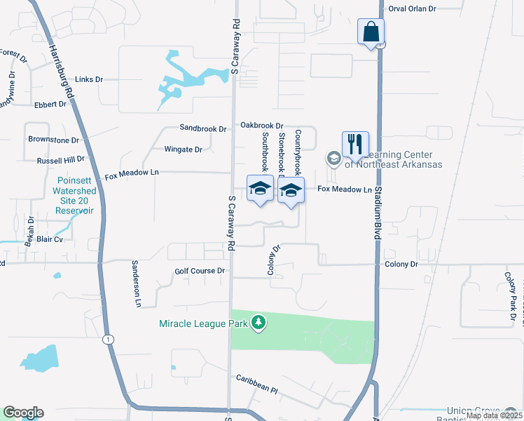 map of restaurants, bars, coffee shops, grocery stores, and more near 2305 Fox Meadow Lane in Jonesboro