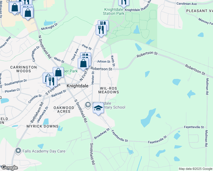 map of restaurants, bars, coffee shops, grocery stores, and more near 105 Count Gregory Court in Knightdale